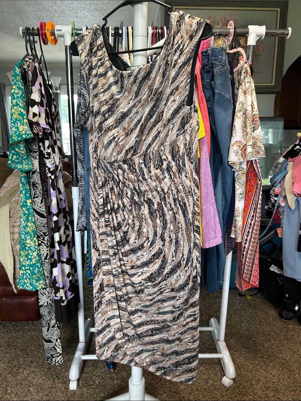 dressbarn Tan and Black Swirl Print Midi Dress Size 14